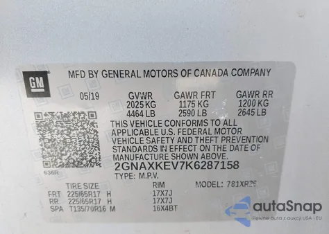 2019 Chevrolet Equinox Lt from USA, damaged, VIN 2GNAXKEV7K6287158
